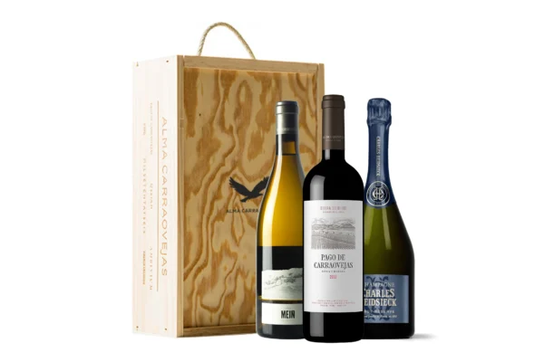 Estuche de madera Alma Carraovejas, Pago de Carraovejas 2022 + O Gran Meín Castes Brancas 2022+ Charles Heidsieck Brut Réserve