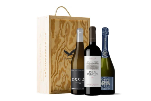 Estuche de madera Alma Carraovejas, Pago de Carraovejas 2022 + Ossian 2022 + Charles Heidsieck Brut Réserve