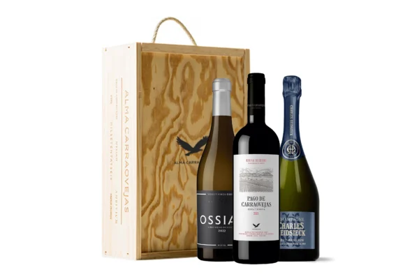 Estuche de madera Alma Carraovejas, Pago de Carraovejas 2023 + Ossian 2022 + Charles Heidsieck Brut Reserve