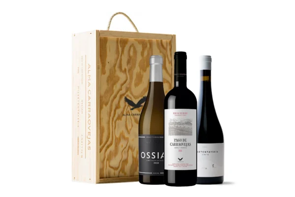 Estuche de madera Alma Carraovejas, Pago de Carraovejas 2023 + Ossian 2022 + Milsetentayseis Tinto 2021