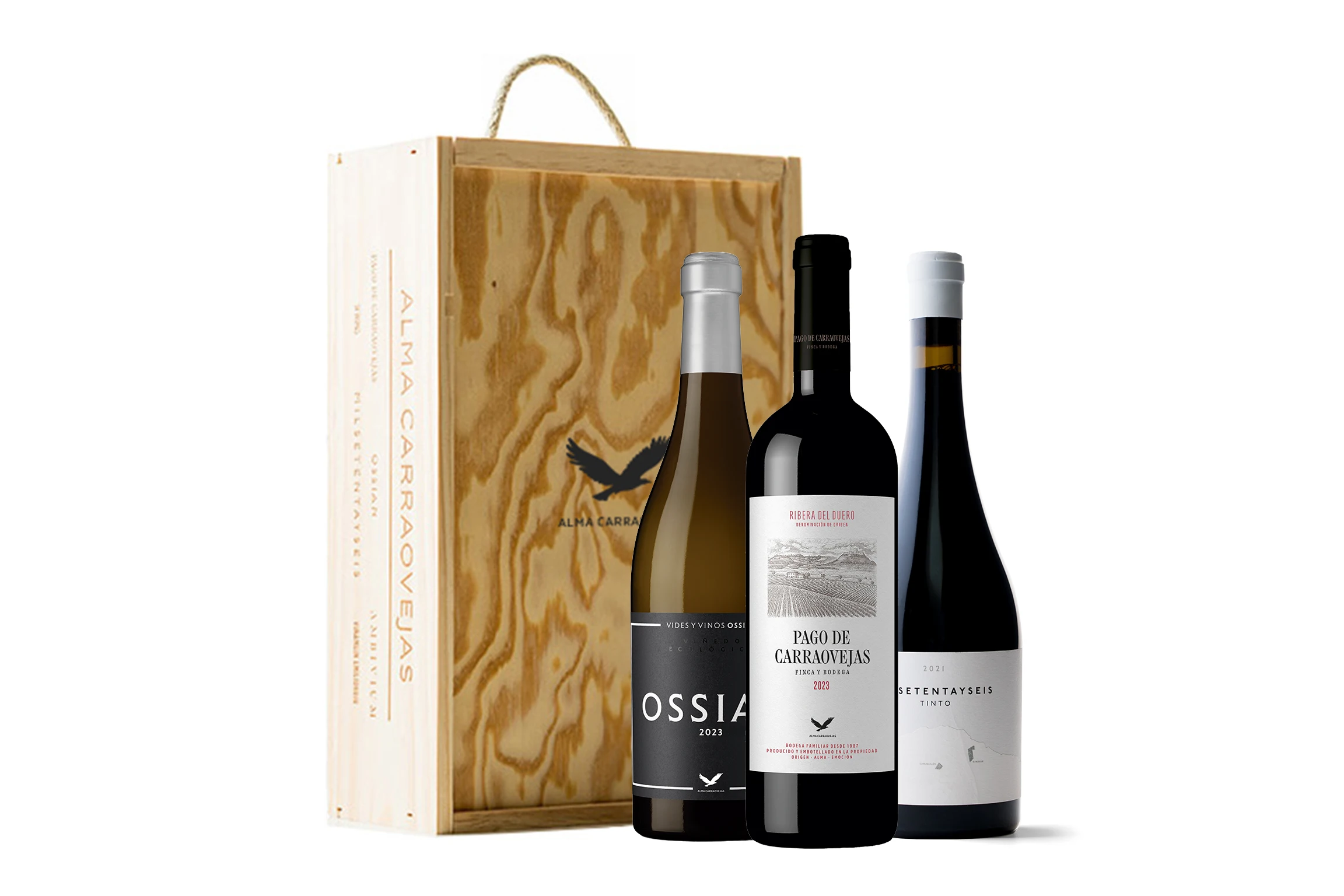 Estuche de madera Alma Carraovejas, Pago de Carraovejas 2023 + Ossian 2023 + Milsetentayseis Tinto 2021
