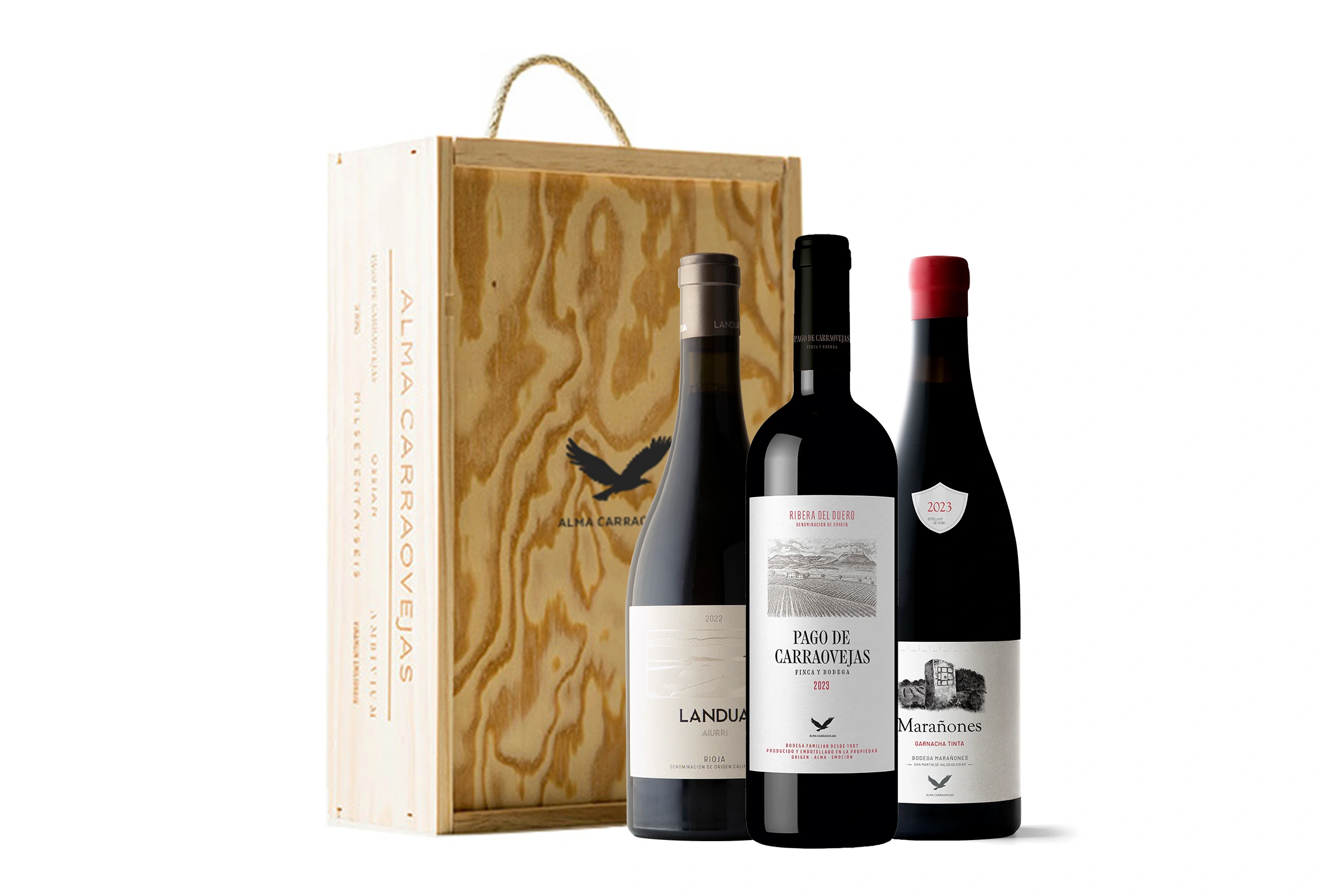Estuche de madera Alma Carraovejas, Pago de Carraovejas 2023 + Landua 2023 + Marañones Tinto 2023