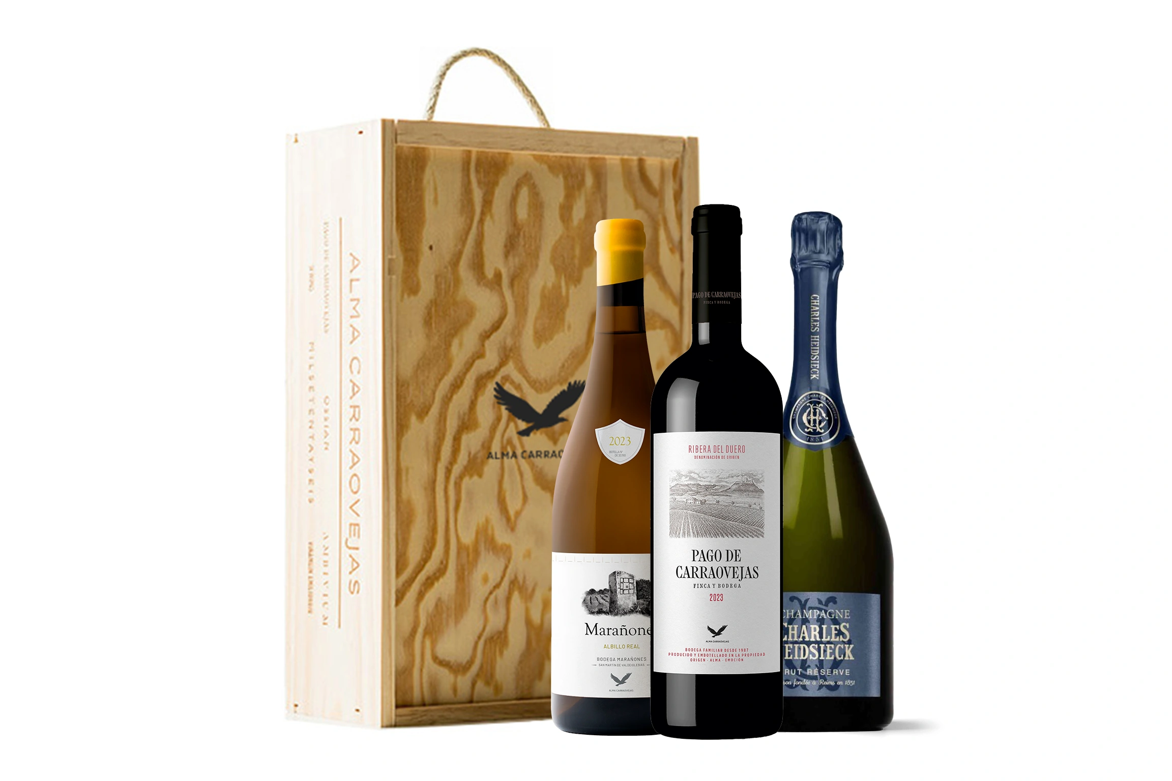 Estuche de madera Alma Carraovejas, Pago de Carraovejas 2023 + Marañones Blanco 2023 + Charles Heidsieck Brut Reserve