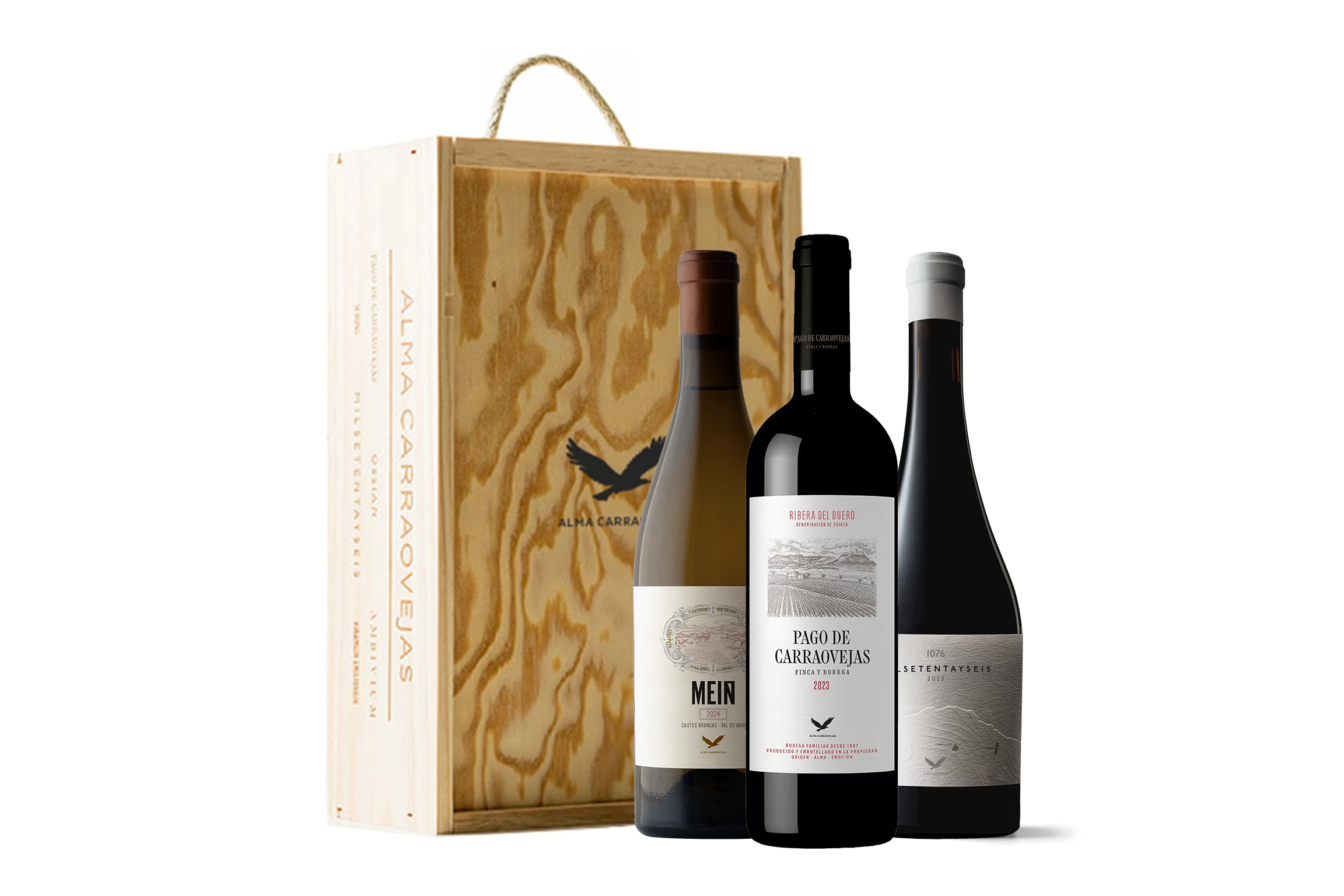 Estuche de madera Alma Carraovejas, Pago de Carraovejas 2023 + Meín Castes Brancas 2024 + Milsetentayseis Tinto 2022