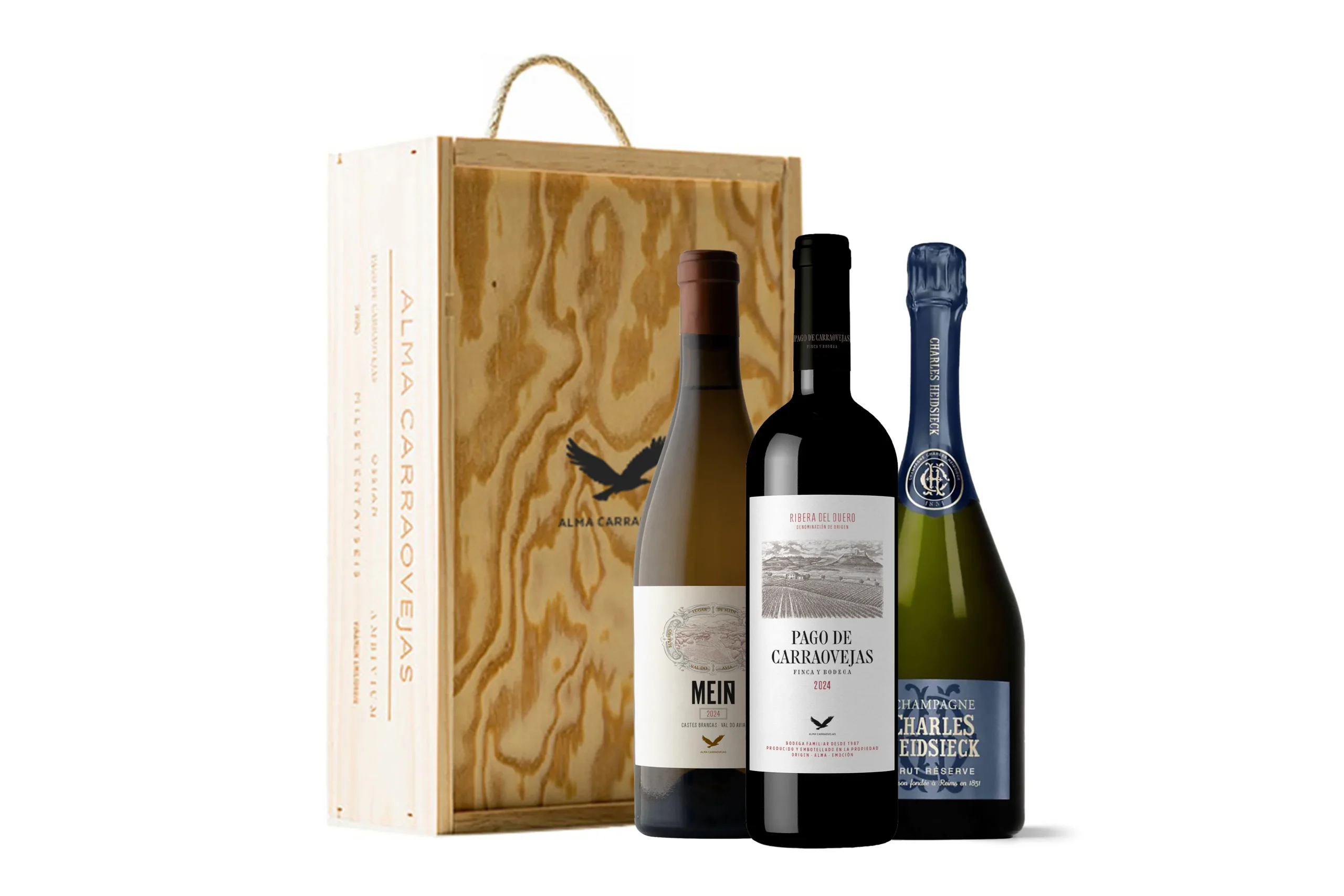 Estuche de madera Alma Carraovejas, Pago de Carraovejas 2024 + Meín Castes Brancas 2024 + Charles Heidsieck Brut Reserve