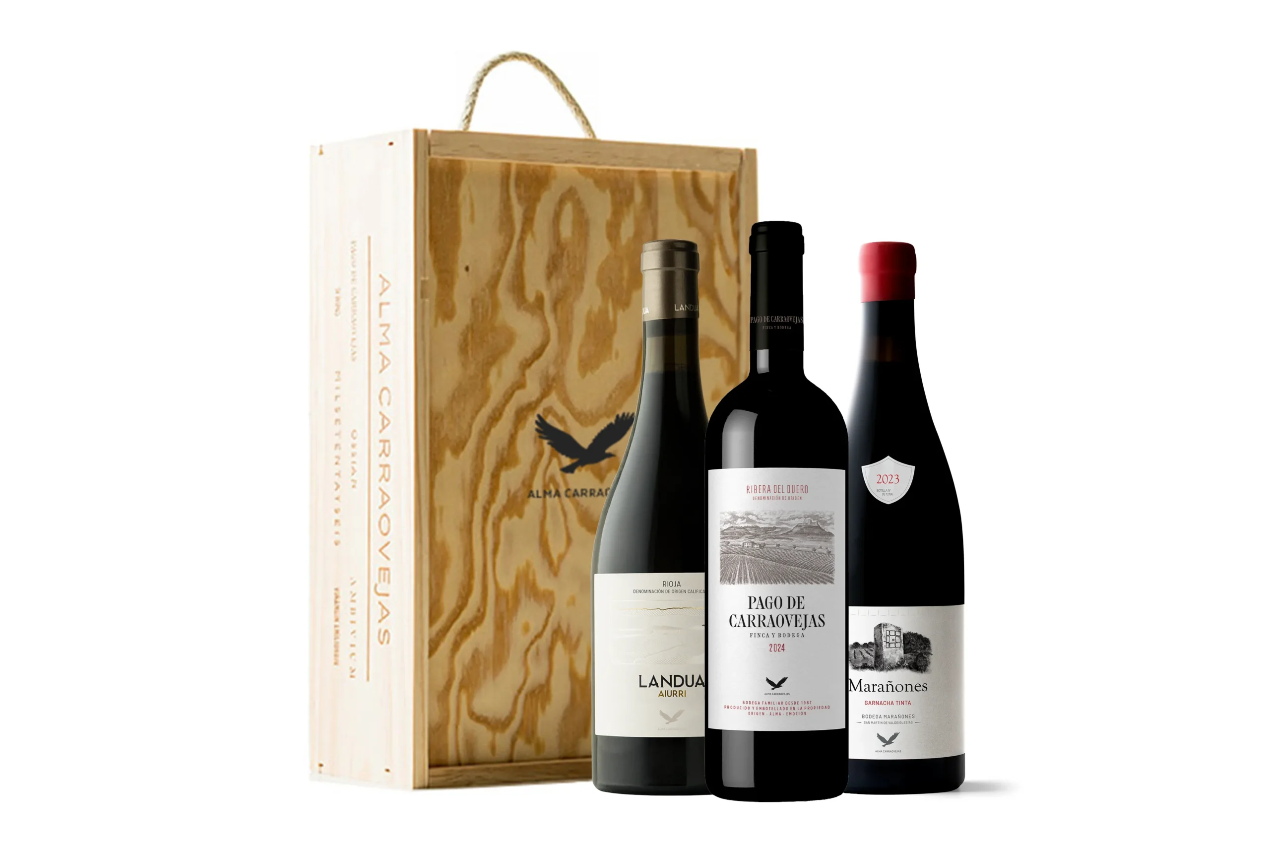 Estuche de madera Alma Carraovejas, Pago de Carraovejas 2024 + Landua 2023 + Marañones Tinto 2023