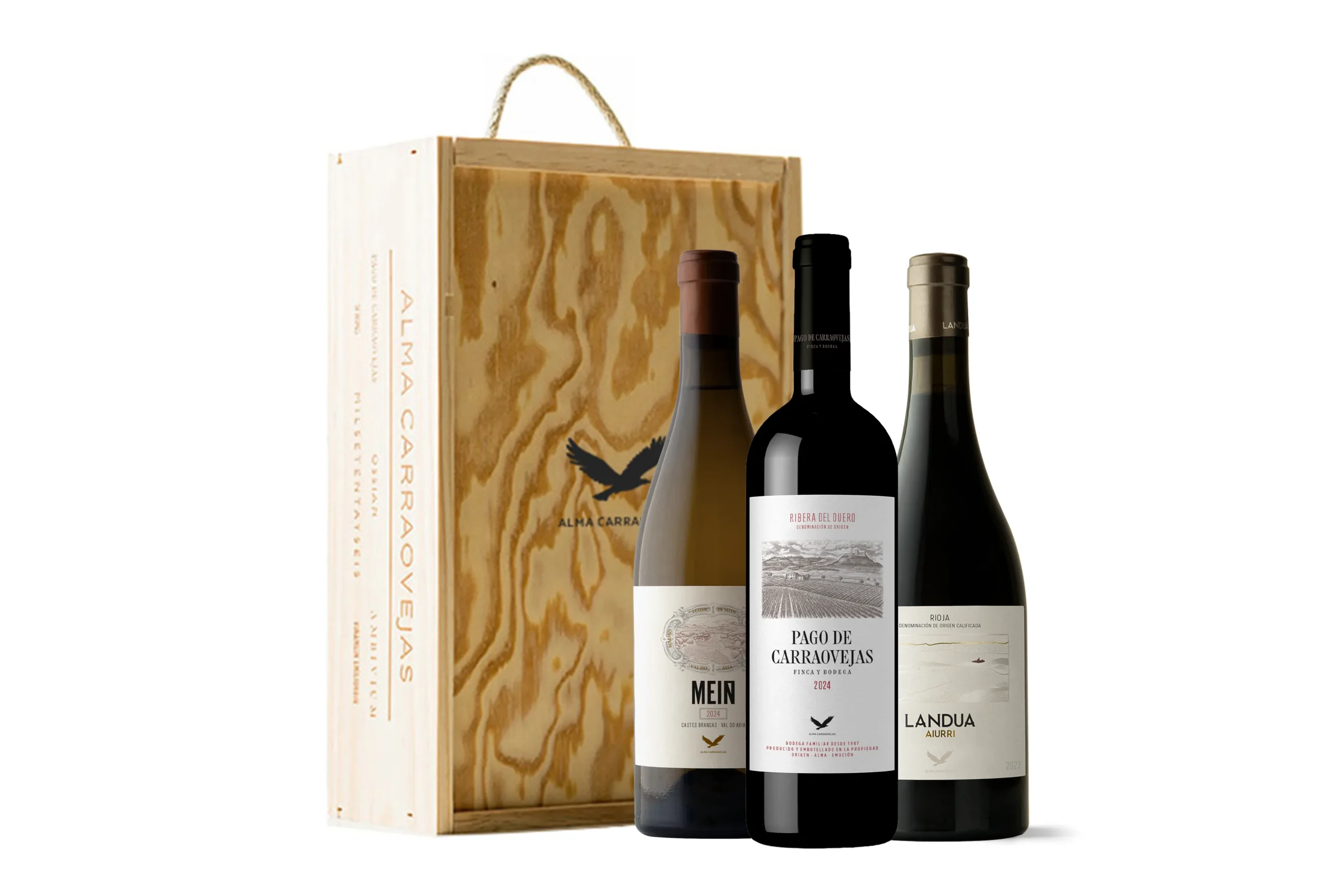 Estuche de madera Alma Carraovejas, Pago de Carraovejas 2024 + Meín Castes Brancas 2024 + Landua 2023