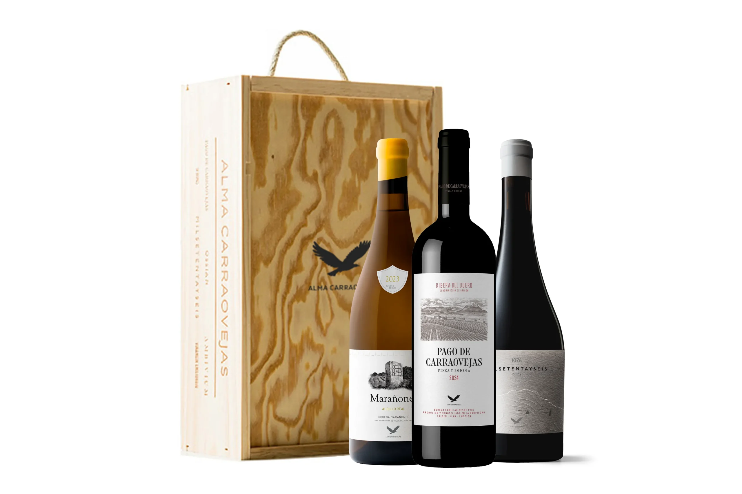 Estuche de madera Alma Carraovejas, Pago de Carraovejas 2024 + Marañones Blanco 2023 + Milsetentayseis Tinto 2022