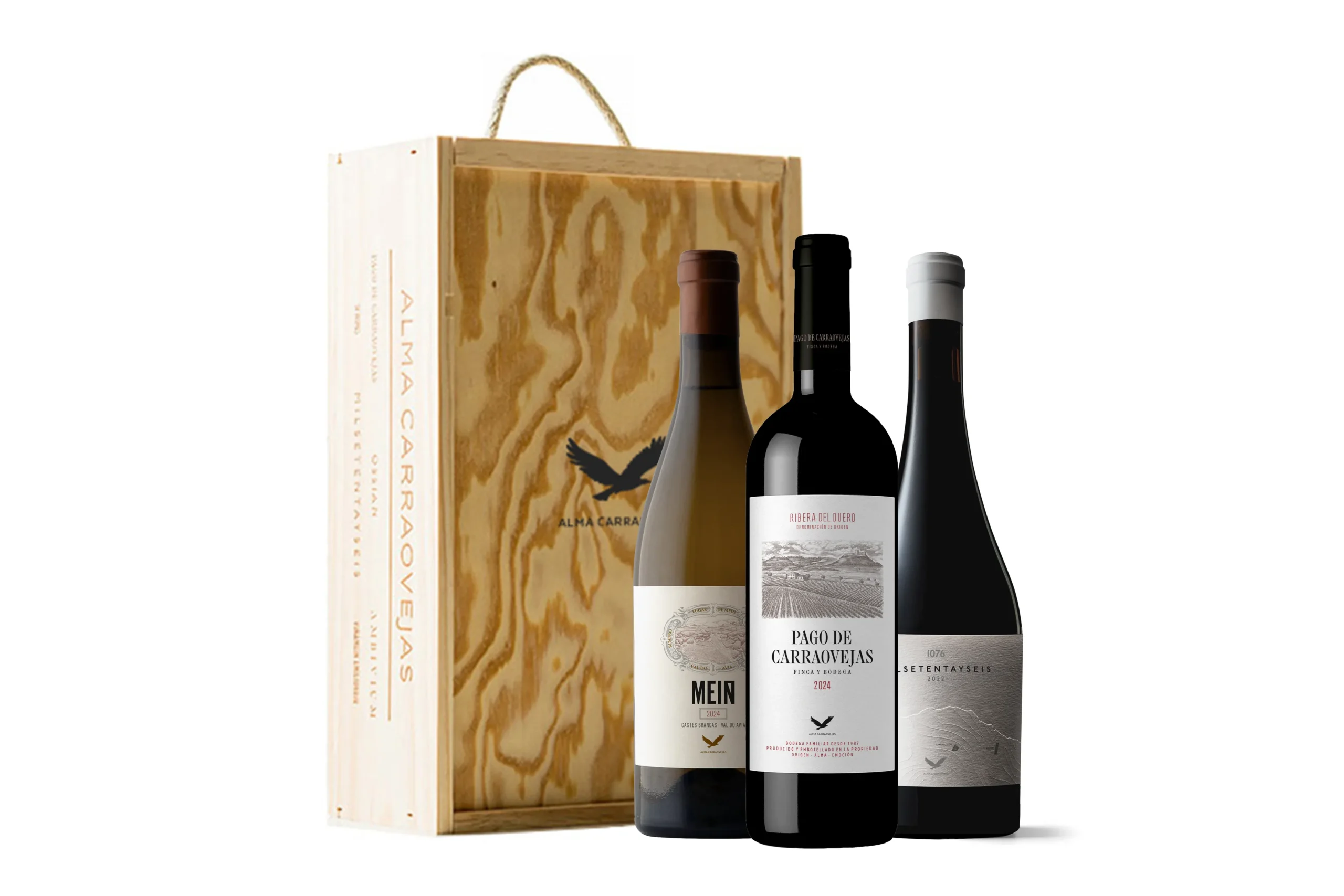 Estuche de madera Alma Carraovejas, Pago de Carraovejas 2024 + Meín Castes Brancas 2024 + Milsetentayseis Tinto 2022