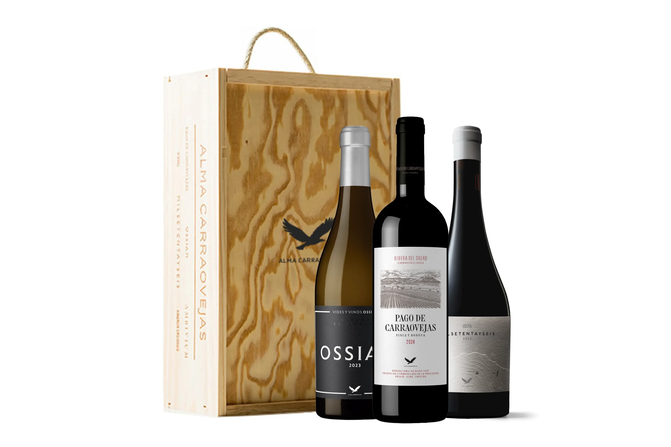 Estuche de madera Alma Carraovejas, Pago de Carraovejas 2024 + Ossian 2023 + Milsetentayseis Tinto 2022